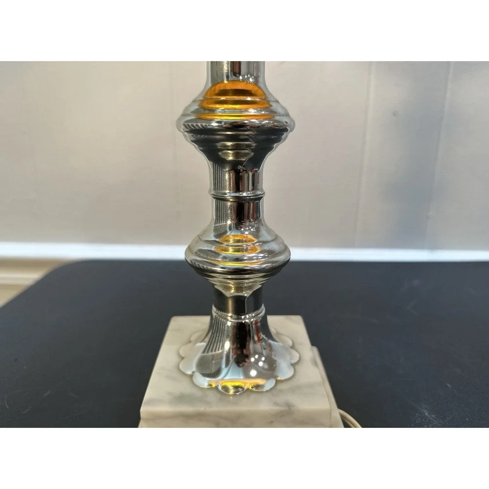 Vintage Amber Glass Table Lamp Marble Base Chrome Metal Pleated Shade‎ 29